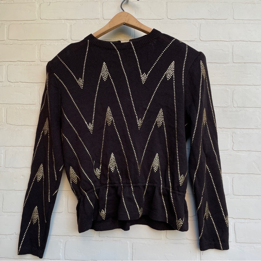 St. John Knit Black Sweater Top with gold studded pattern